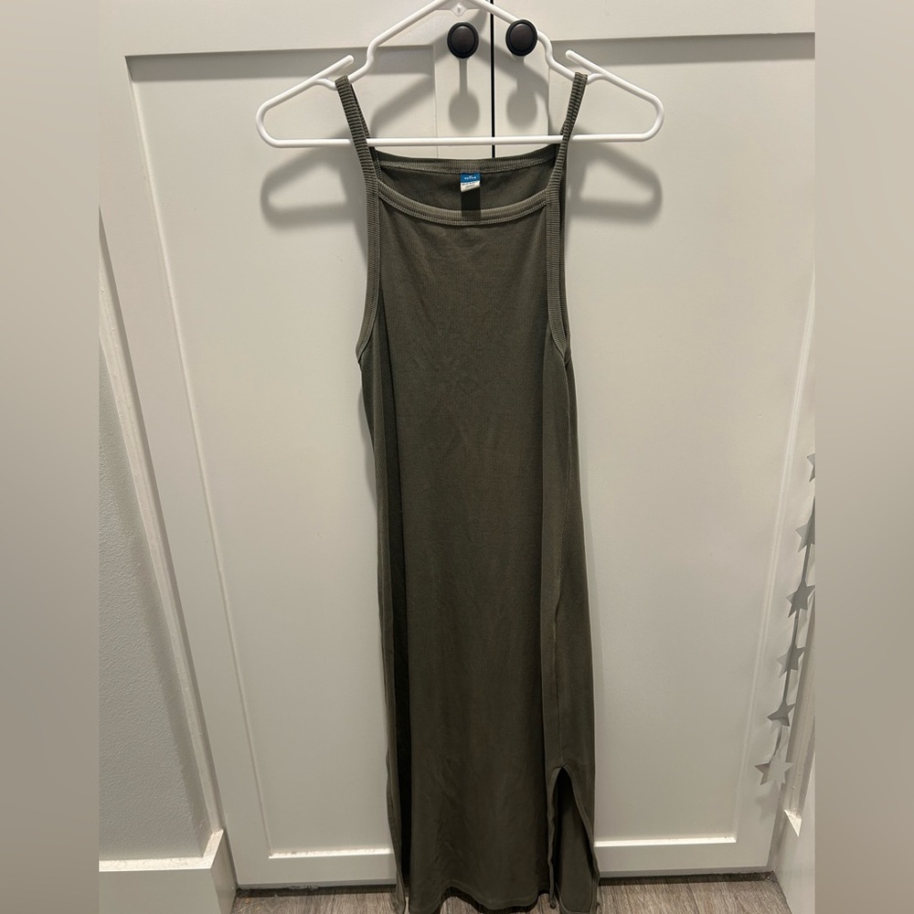 Olive Green Ribbed Midi Dress - Picture 3 of 5